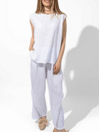 Blusa Italiana 100% Lino Espalda Bordada, color Blanco