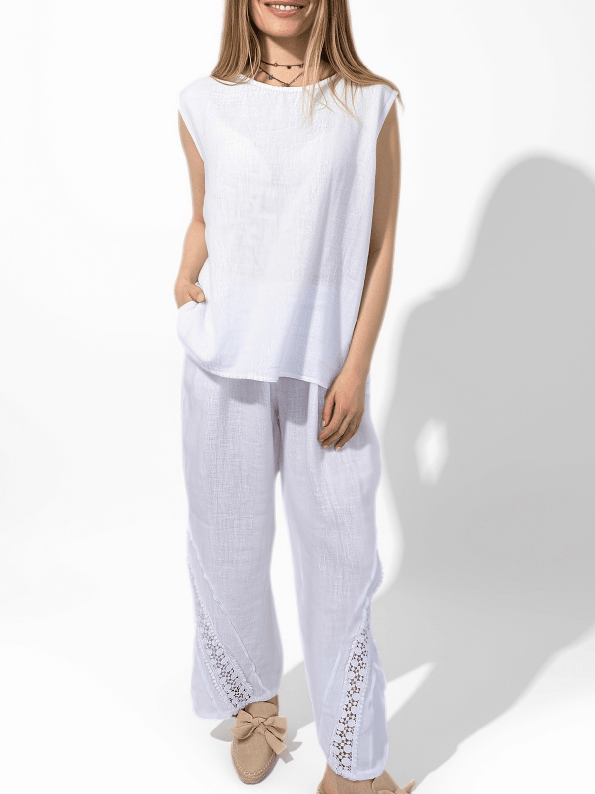 Blusa Italiana 100% Lino Espalda Bordada, color Blanco