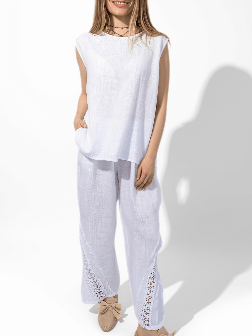 Pantalón Italiano 100% Lino, con Bordado, color Blanco