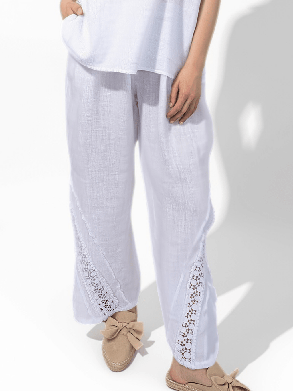 Pantalón Italiano 100% Lino, con Bordado, color Blanco