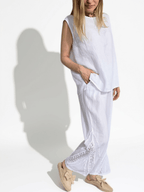 Pantalón Italiano 100% Lino, con Bordado, color Blanco