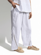 Pantalón Italiano 100% Lino, con Bordado, color Blanco
