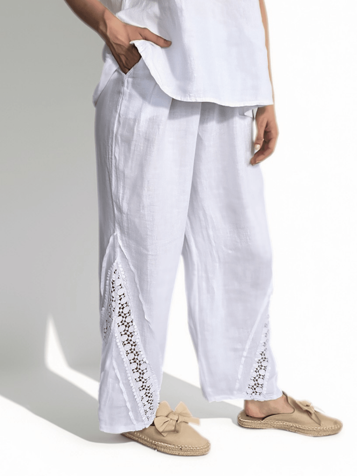 Pantalón Italiano 100% Lino, con Bordado, color Blanco