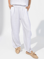 Pantalón Italiano 100% Lino, con Bordado, color Blanco