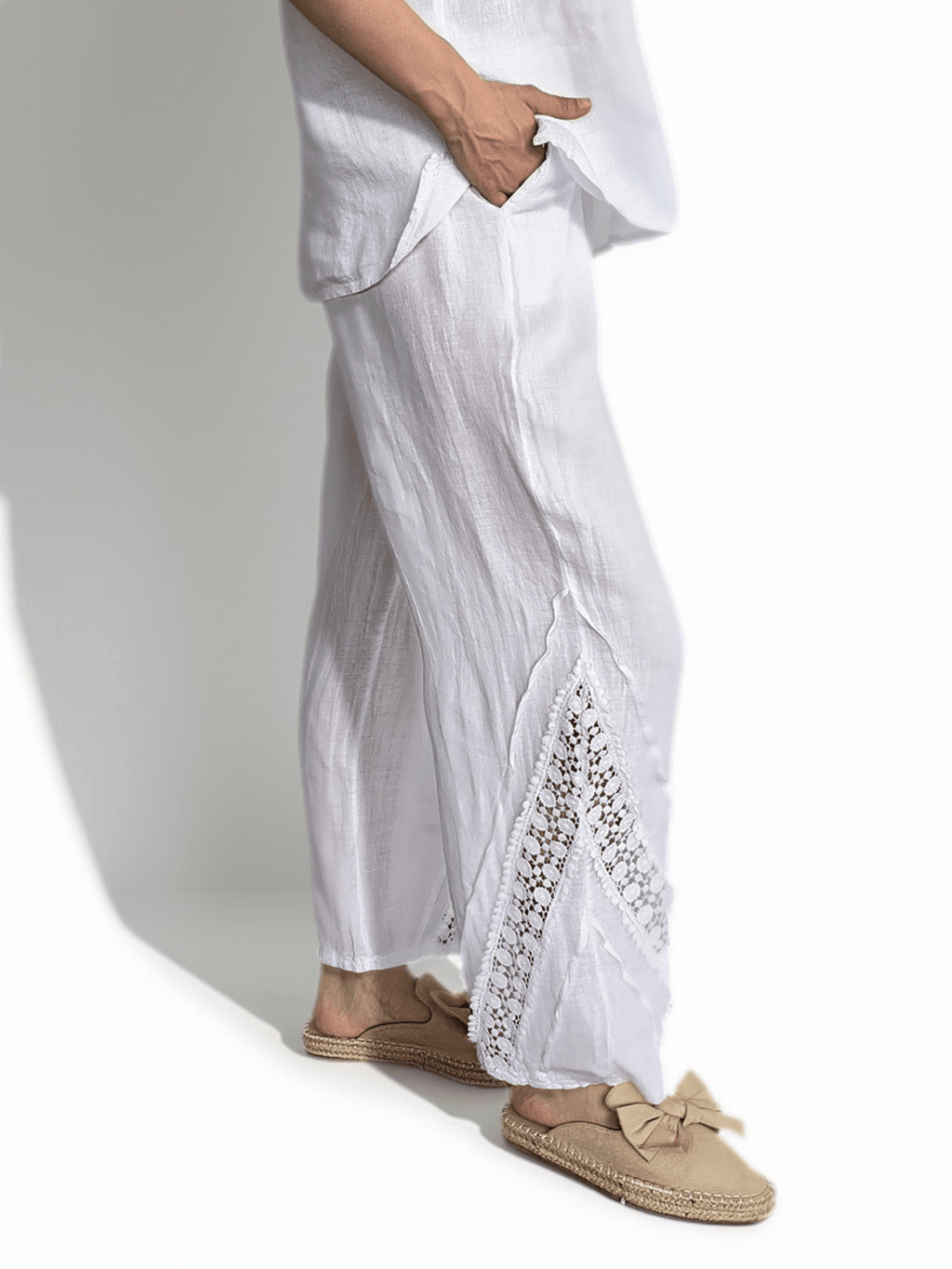 Pantalón Italiano 100% Lino, con Bordado, color Blanco