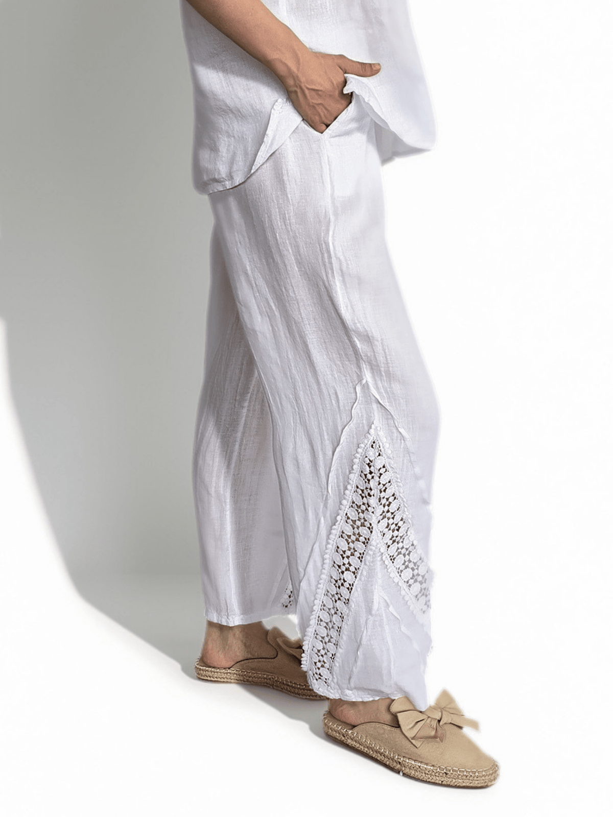 Pantalón Italiano 100% Lino, con Bordado, color Blanco