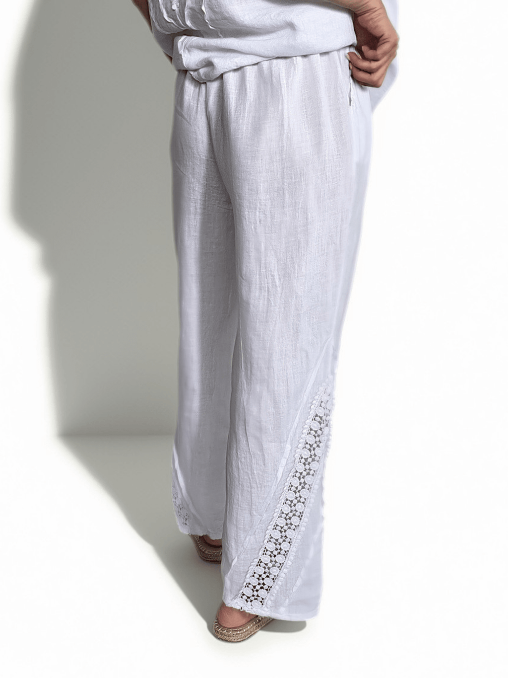 Pantalón Italiano 100% Lino, con Bordado, color Blanco
