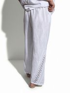 Pantalón Italiano 100% Lino, con Bordado, color Blanco