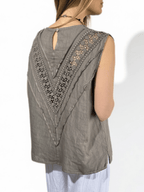 Blusa Italiana 100%Lino Espalda Bordada, color Taupe