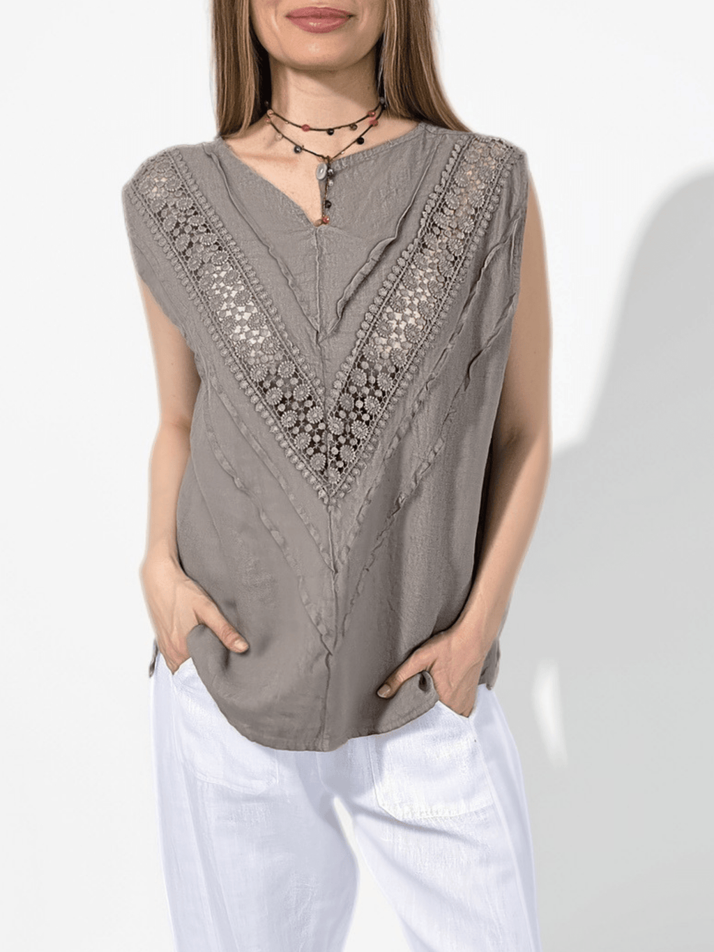 Blusa Italiana 100%Lino Espalda Bordada, color Taupe