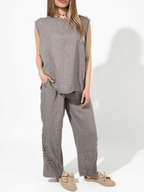 Blusa Italiana 100%Lino Espalda Bordada, color Taupe
