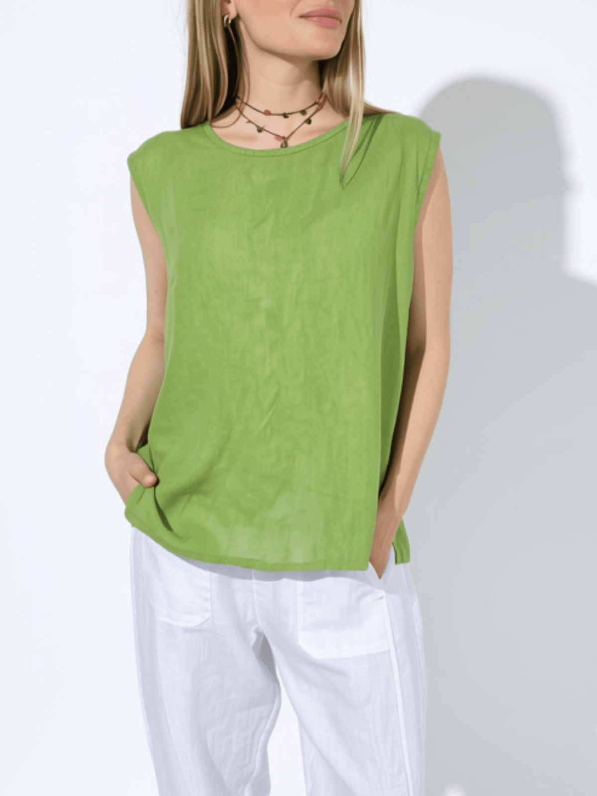 Blusa Italiana 100% Lino Espalda Bordada, color Pistacho