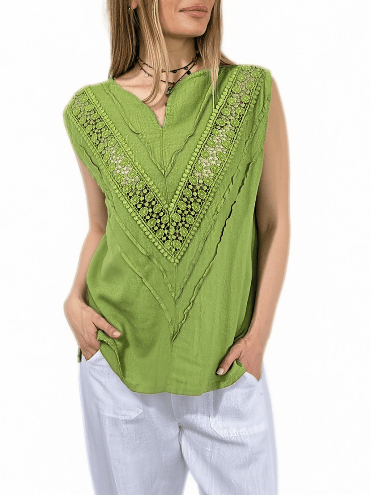 Blusa Italiana 100% Lino Espalda Bordada, color Pistacho