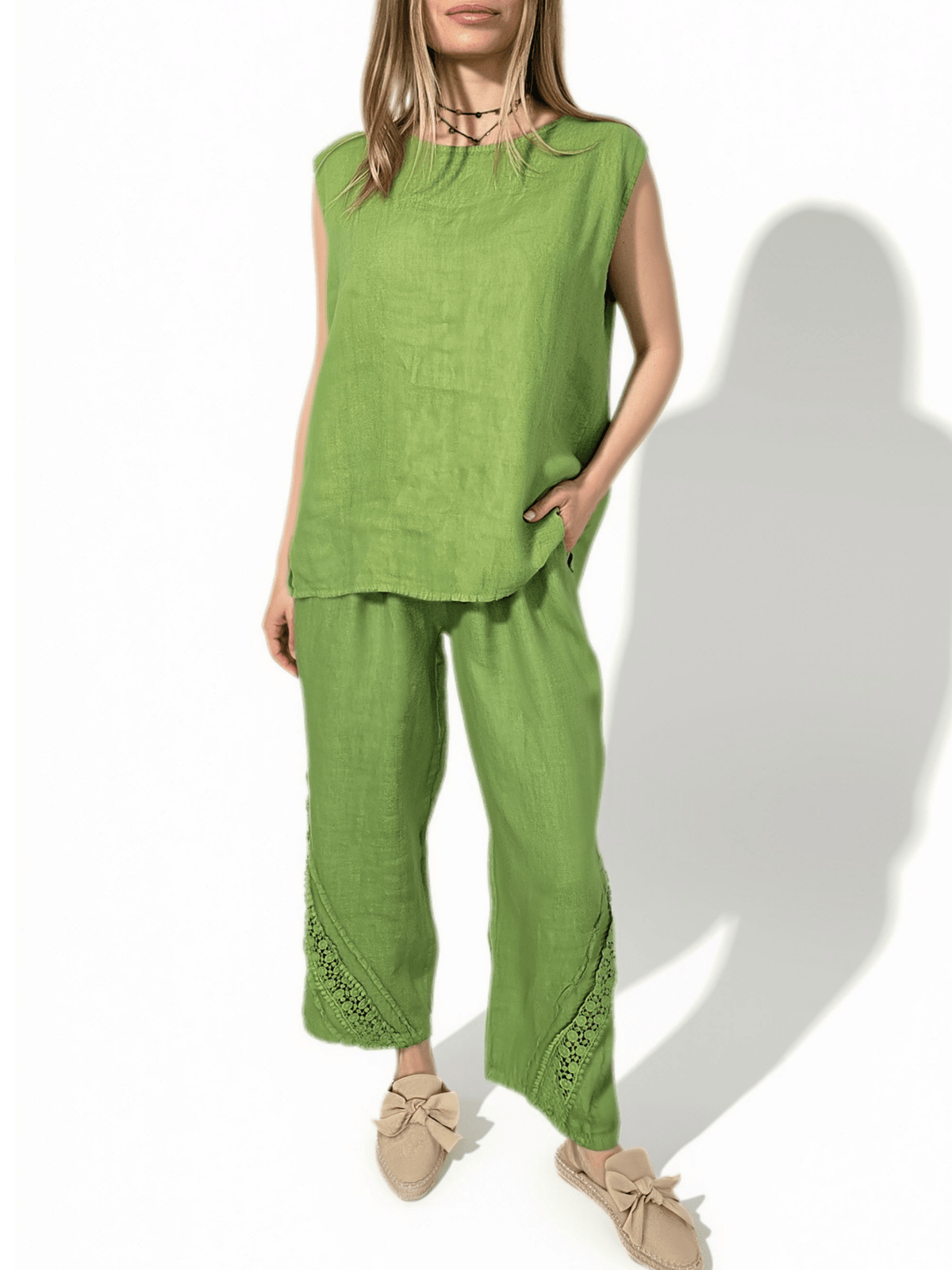 Blusa Italiana 100% Lino Espalda Bordada, color Pistacho