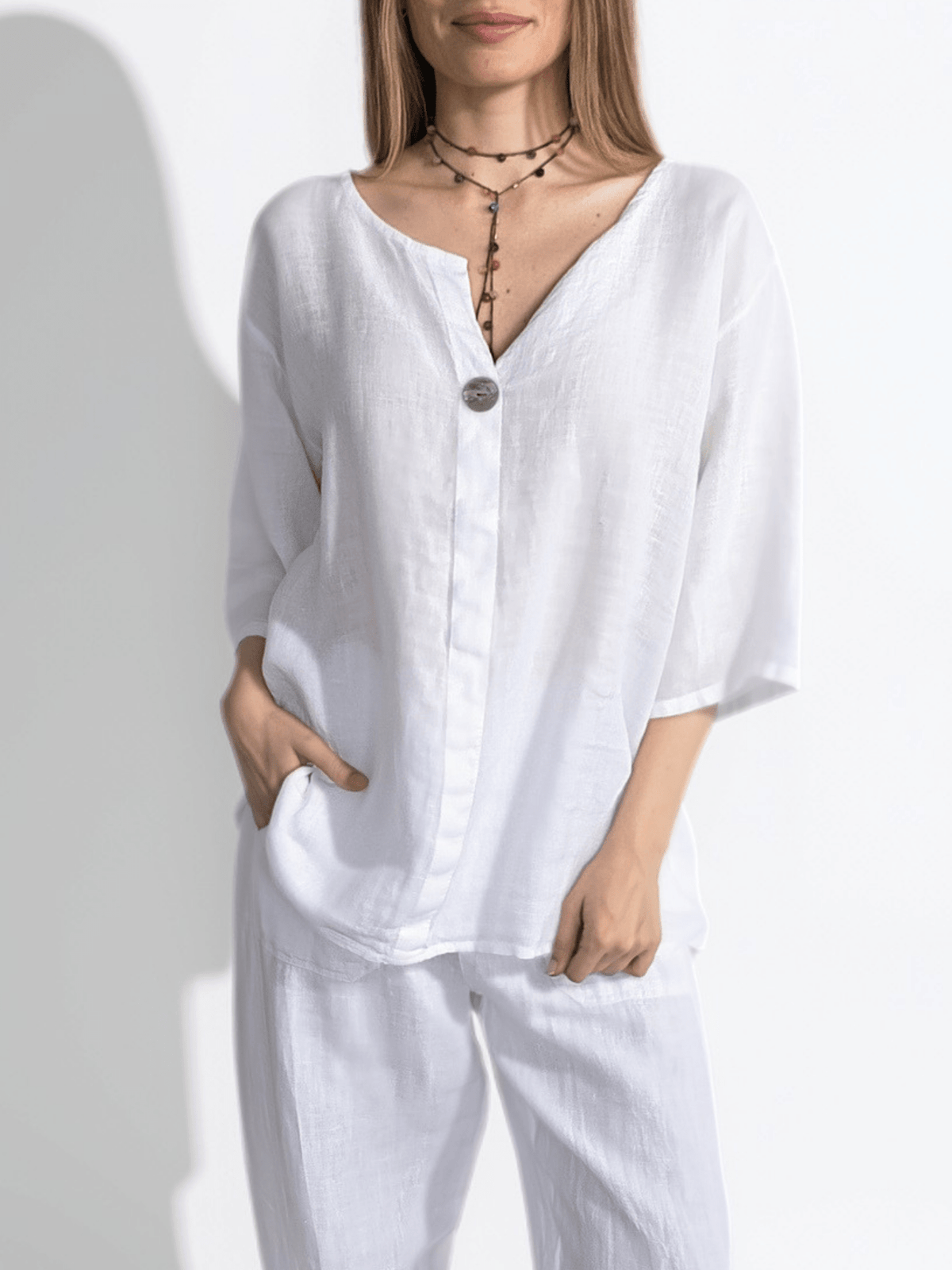 Blusa Italiana 100% Lino un Botón, color Blanco