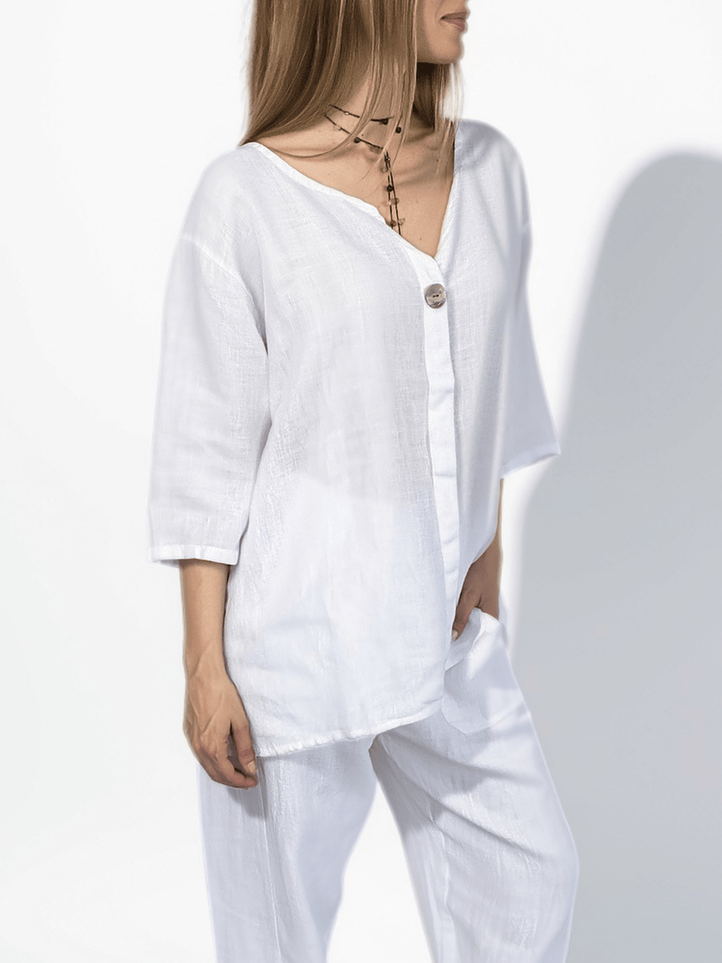 Blusa Italiana 100% Lino un Botón, color Blanco