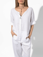 Blusa Italiana 100% Lino un Botón, color Blanco