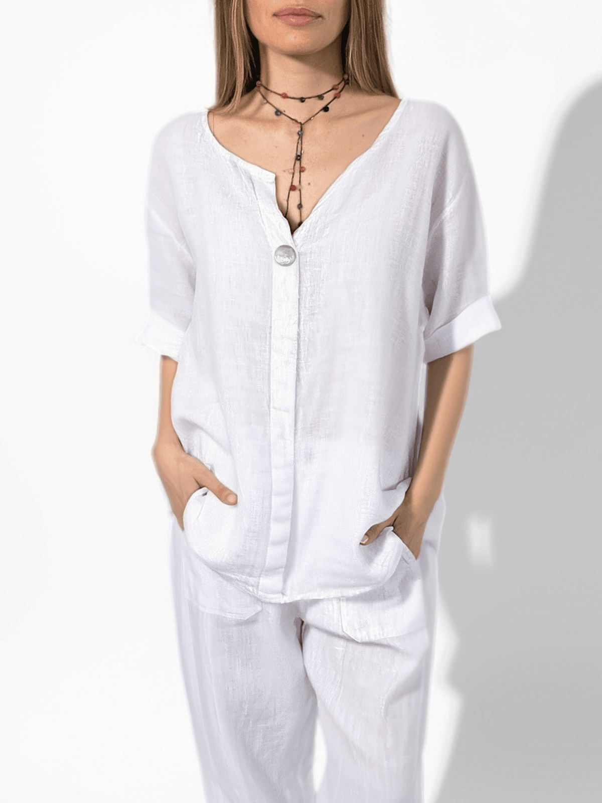 Blusa Italiana 100% Lino un Botón, color Blanco