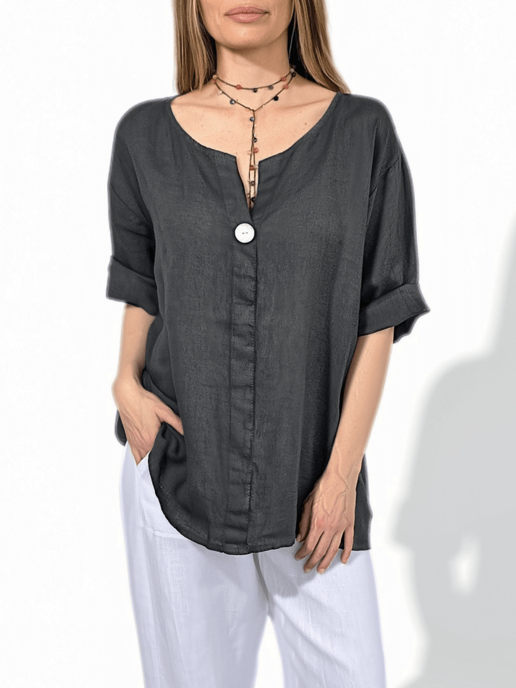 Blusa Italiana 100% Lino un Botón, color Gris