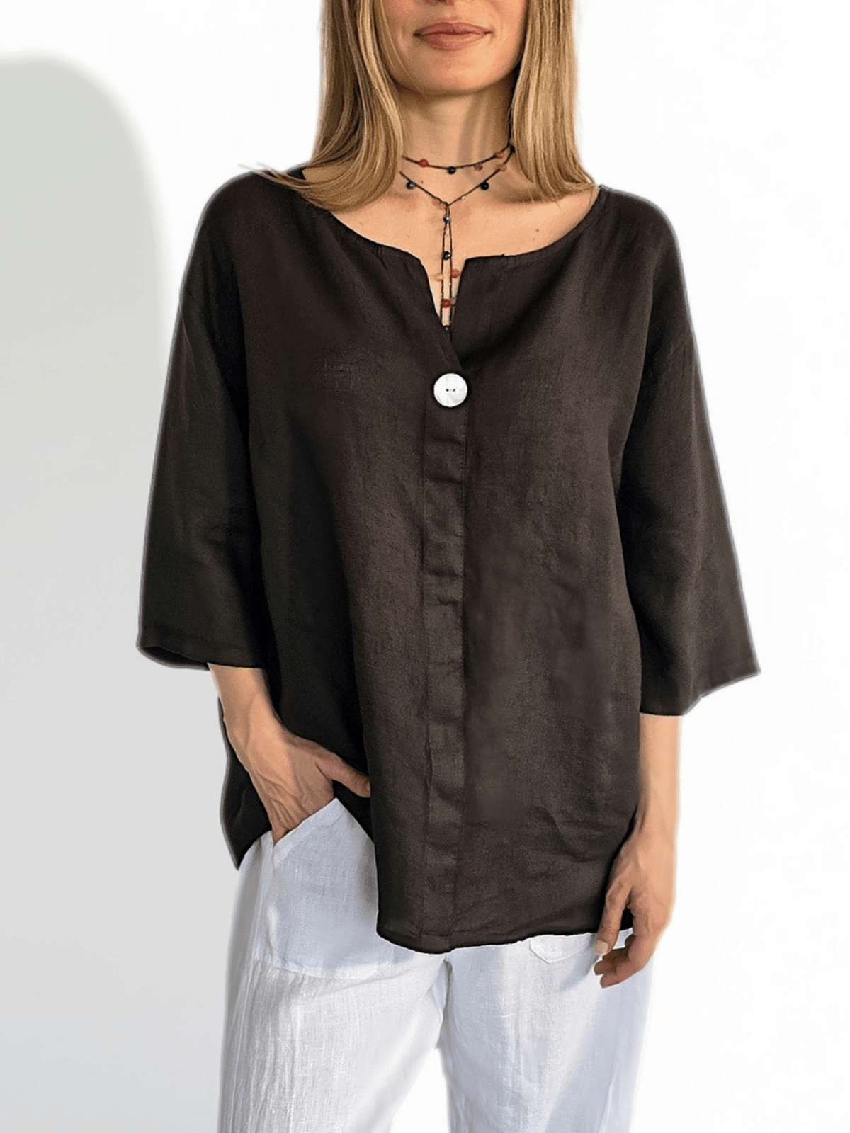 Blusa Italiana 100% Lino un Botón, color Chocolate