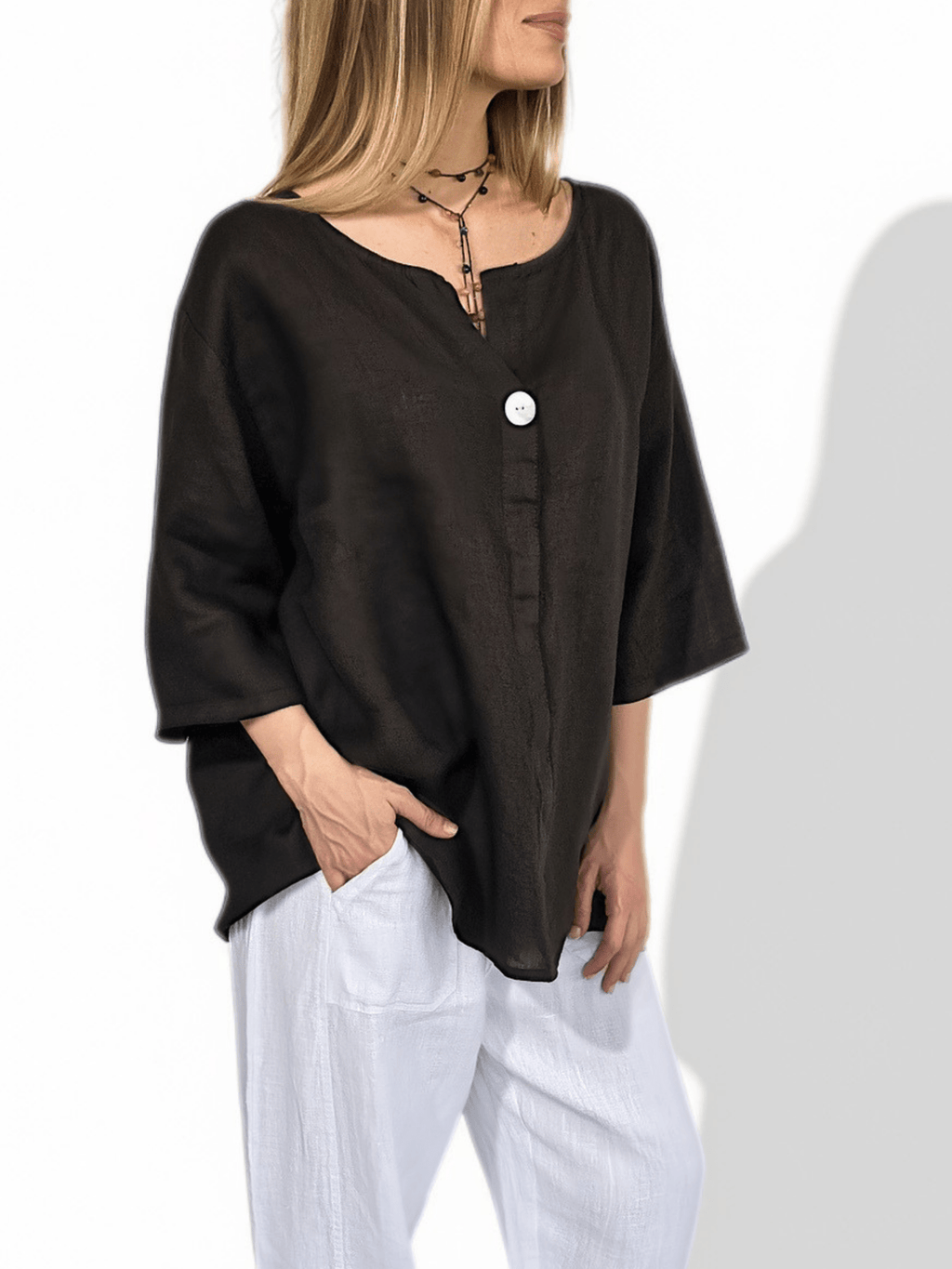 Blusa Italiana 100% Lino un Botón, color Chocolate
