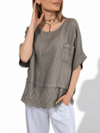 Blusa Italiana 100%Lino basta Bordada, color Taupe