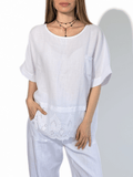Blusa Italiana 100% Lino basta Bordada, color Blanco