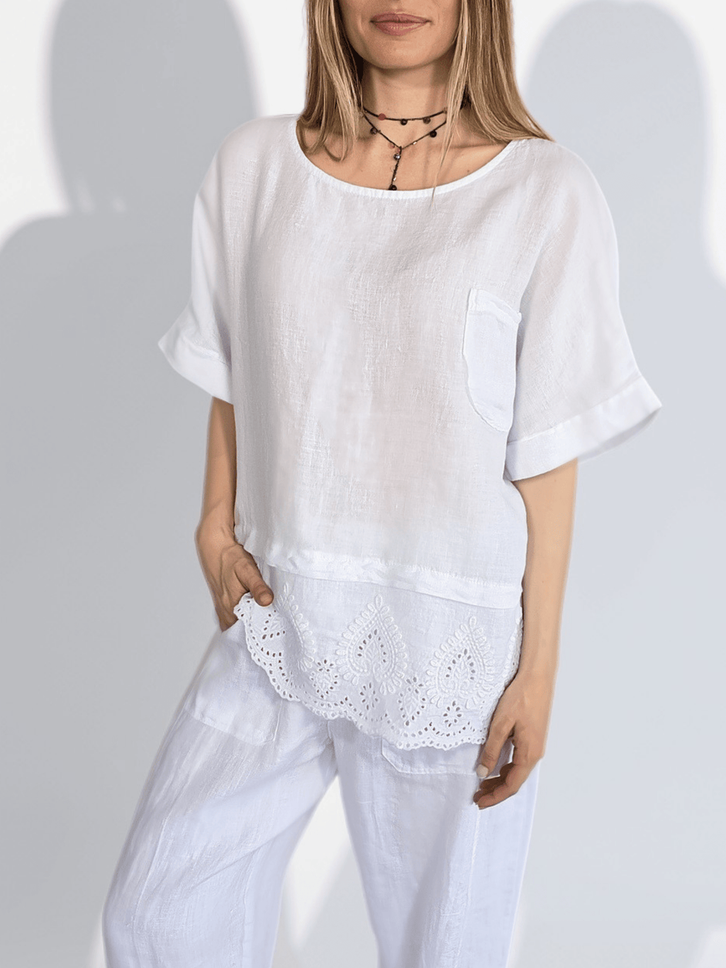 Blusa Italiana 100% Lino basta Bordada, color Blanco