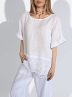 Blusa Italiana 100% Lino basta Bordada, color Blanco