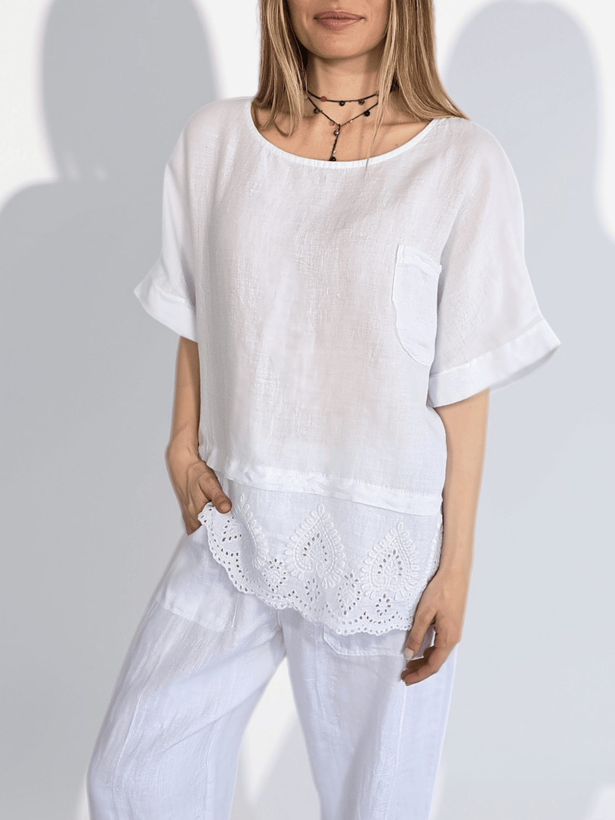 Blusa Italiana 100% Lino basta Bordada, color Blanco
