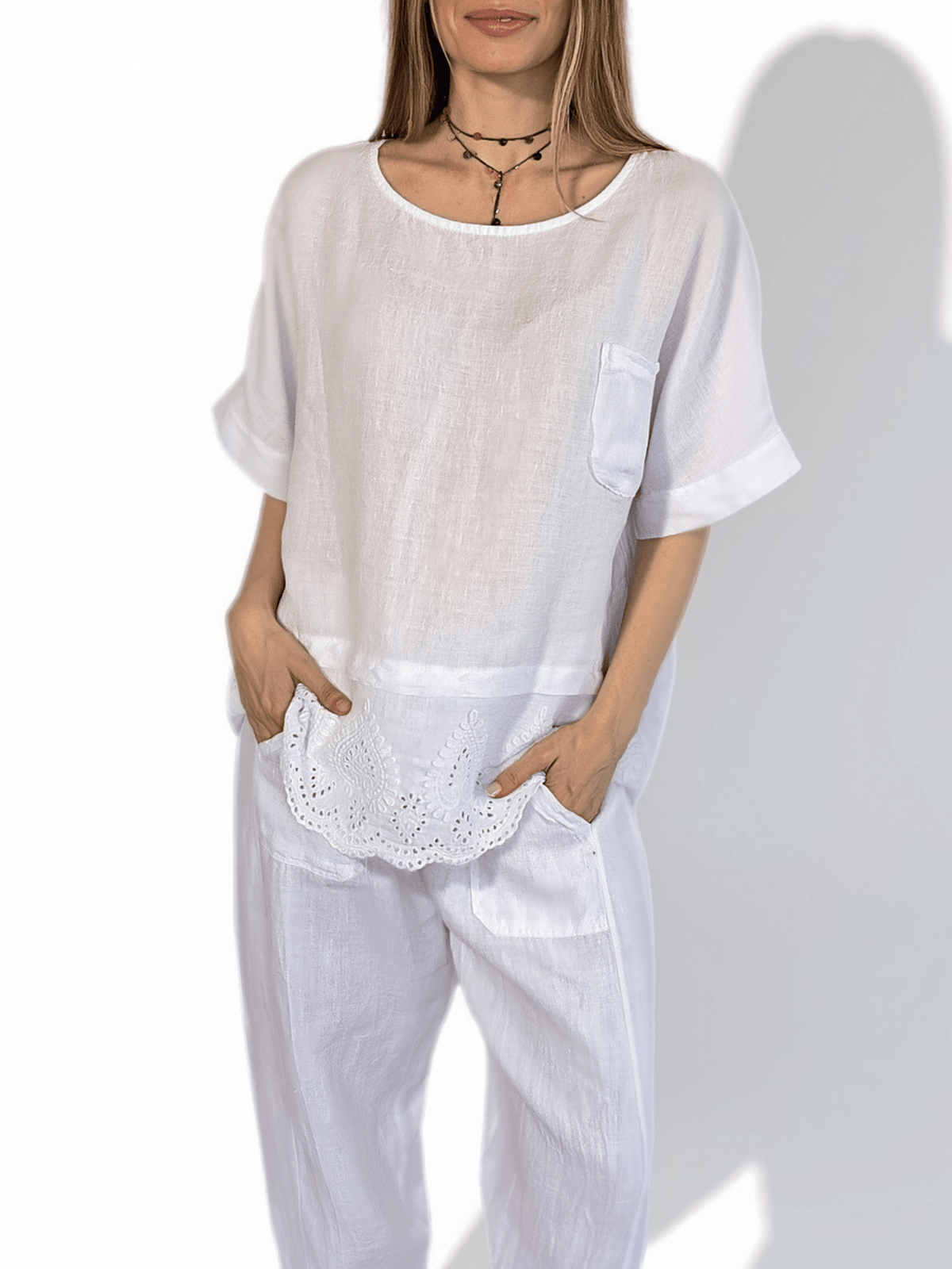 Blusa Italiana 100% Lino basta Bordada, color Blanco
