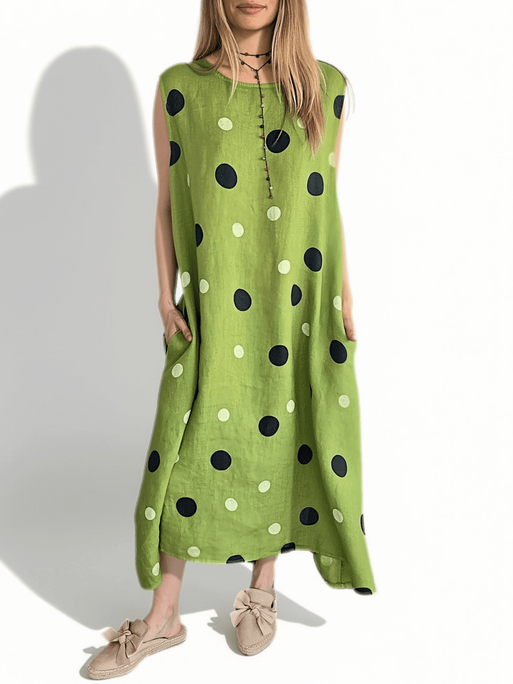 Vestido Italiano 100% Lino Lunares, fondo Pistacho
