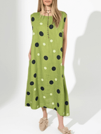 Vestido Italiano 100% Lino Lunares, fondo Pistacho