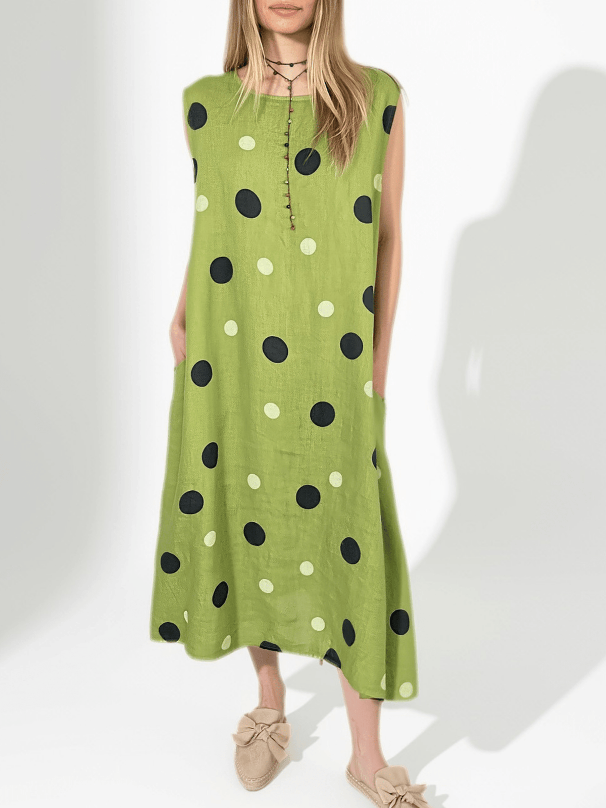 Vestido Italiano 100% Lino Lunares, fondo Pistacho