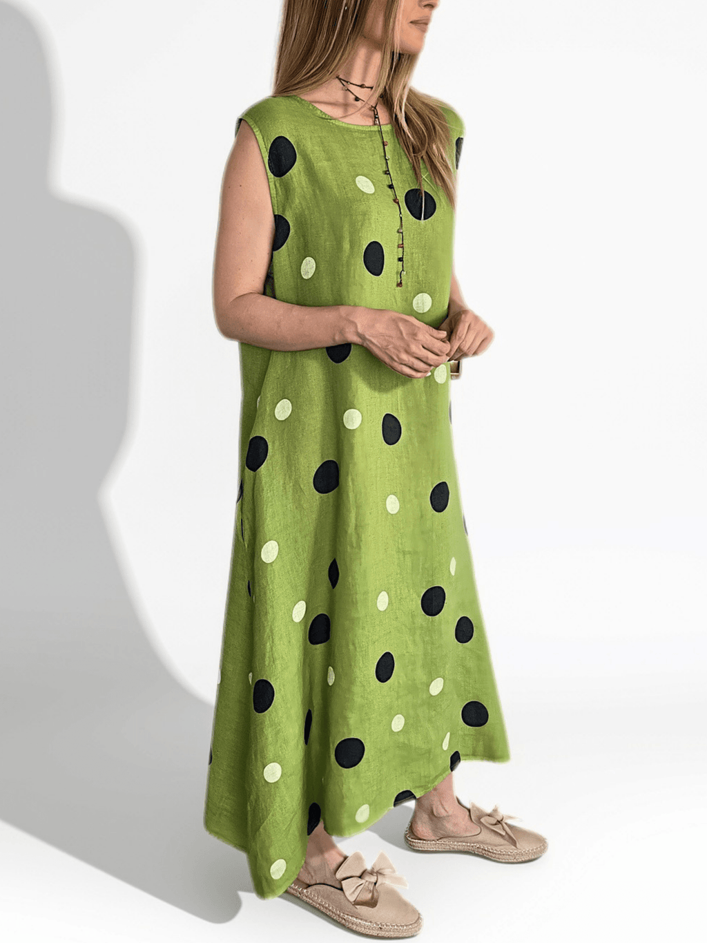 Vestido Italiano 100% Lino Lunares, fondo Pistacho