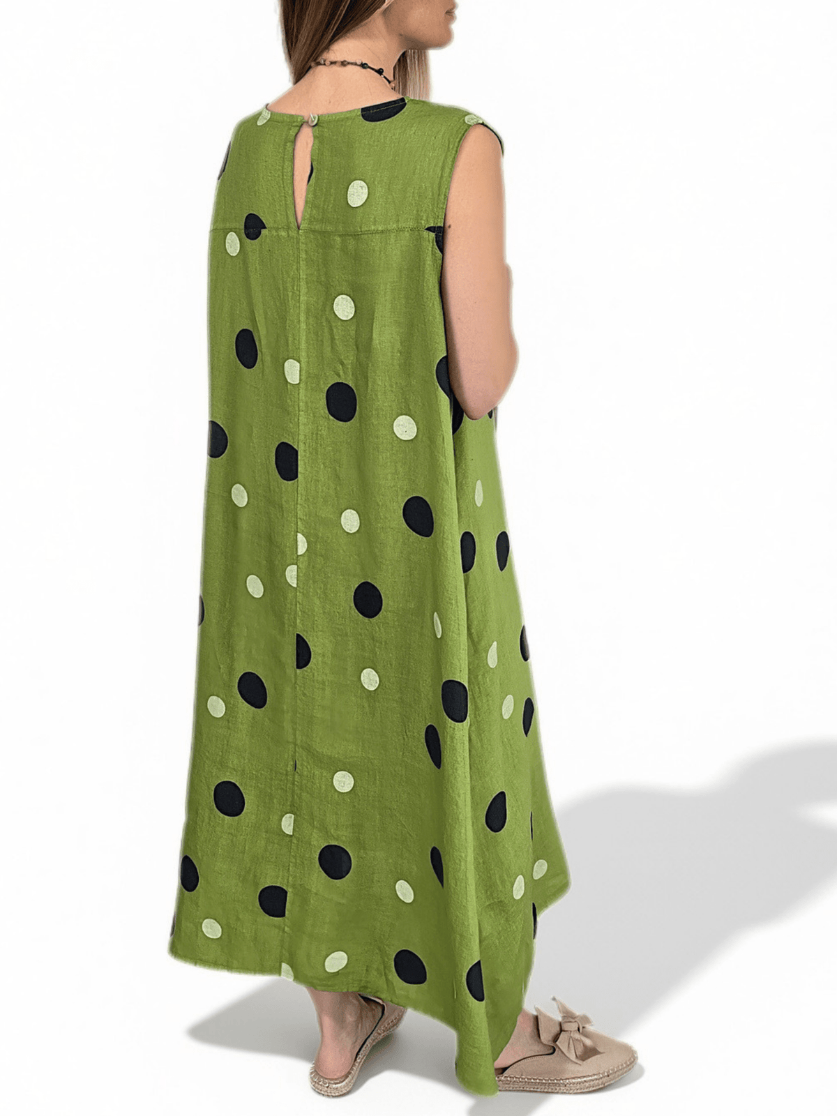 Vestido Italiano 100% Lino Lunares, fondo Pistacho