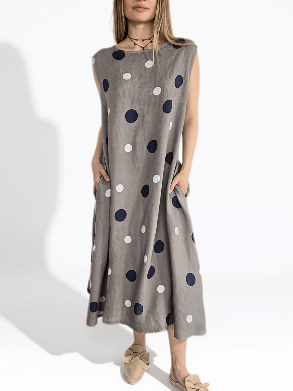 Vestido Italiano 100% Lino Lunares, fondo Taupe