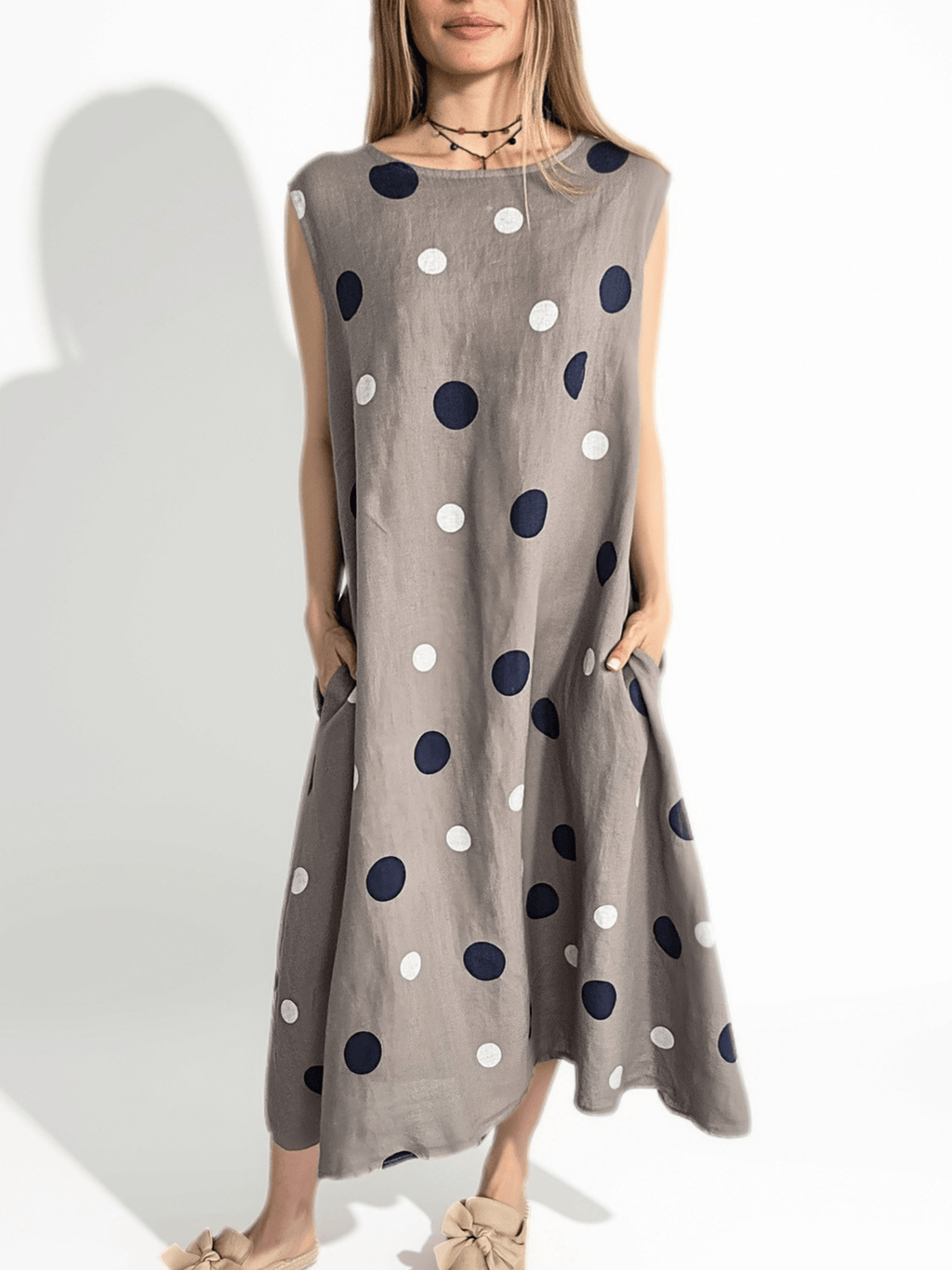 Vestido Italiano 100% Lino Lunares, fondo Taupe