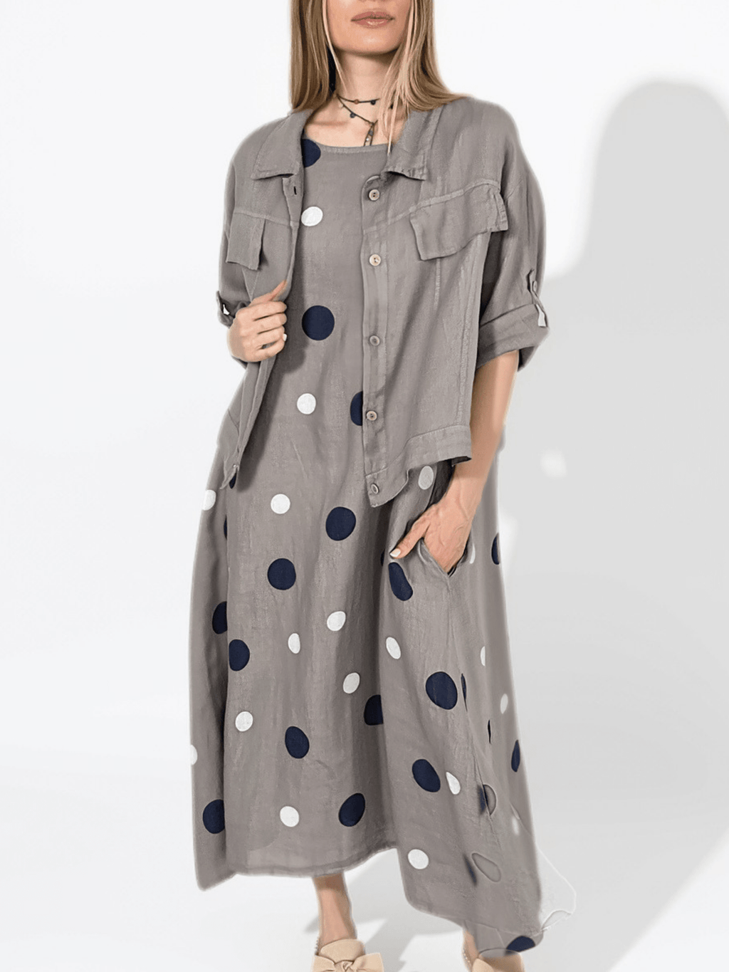 Vestido Italiano 100% Lino Lunares, fondo Taupe