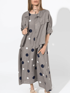 Vestido Italiano 100% Lino Lunares, fondo Taupe