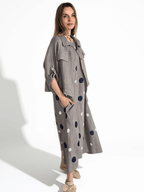 Vestido Italiano 100% Lino Lunares, fondo Taupe