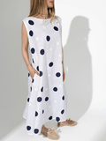 Vestido Italiano 100% Lino Lunares, fondo Blanco