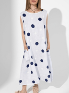 Vestido Italiano 100% Lino Lunares, fondo Blanco