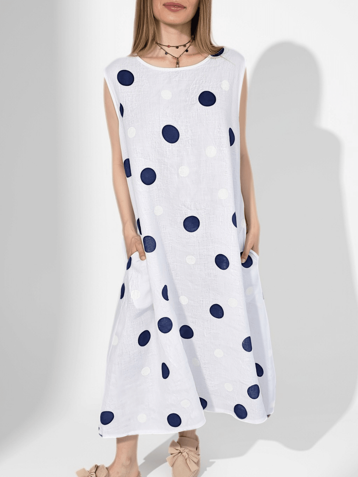 Vestido Italiano 100% Lino Lunares, fondo Blanco