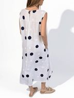 Vestido Italiano 100% Lino Lunares, fondo Blanco