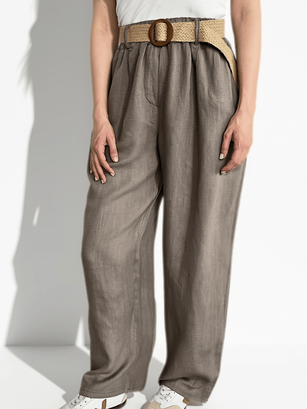 Pantalón Italiano 100%Lino con cinturón, color Taupe