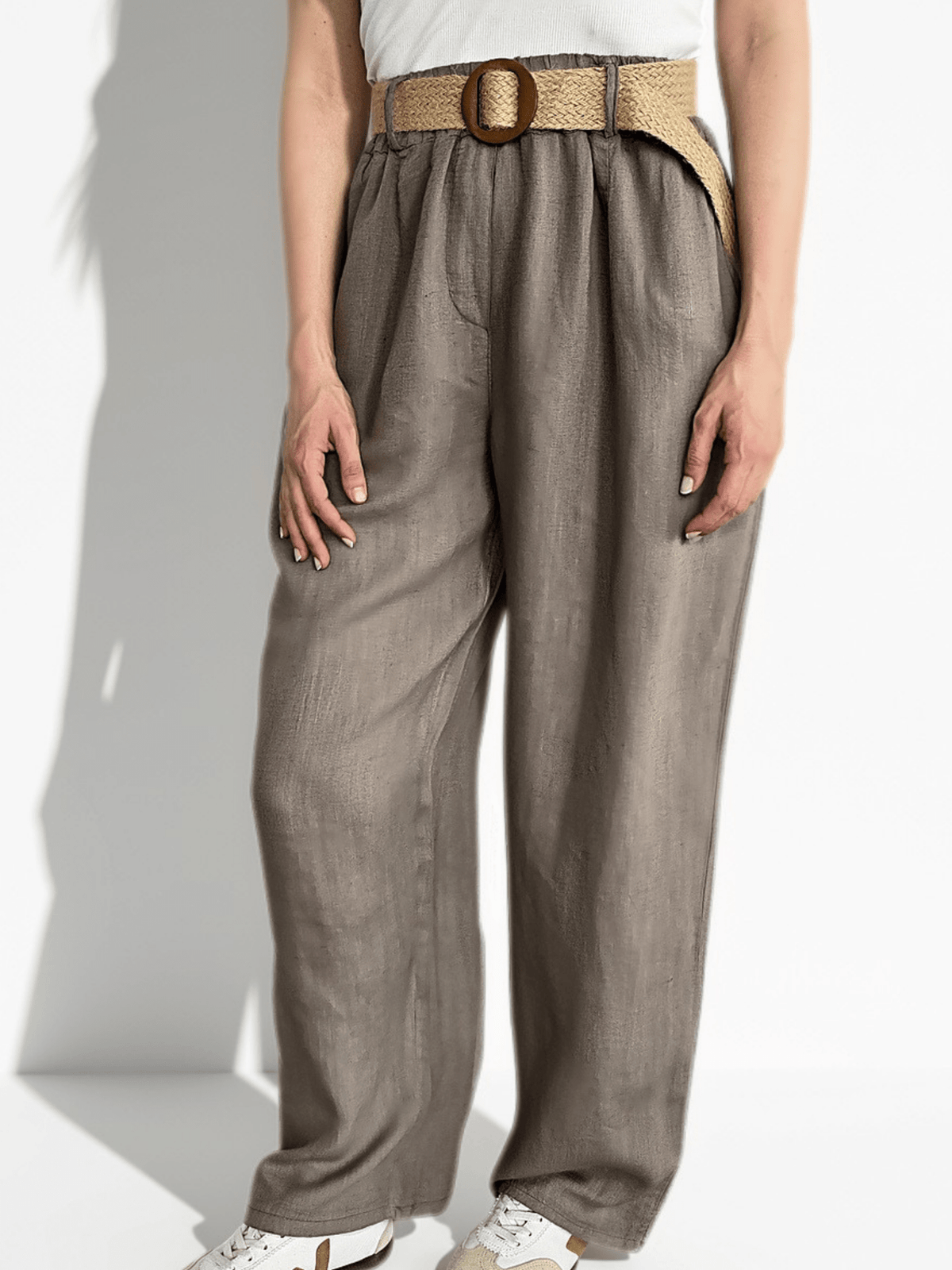 Pantalón Italiano 100%Lino con cinturón, color Taupe