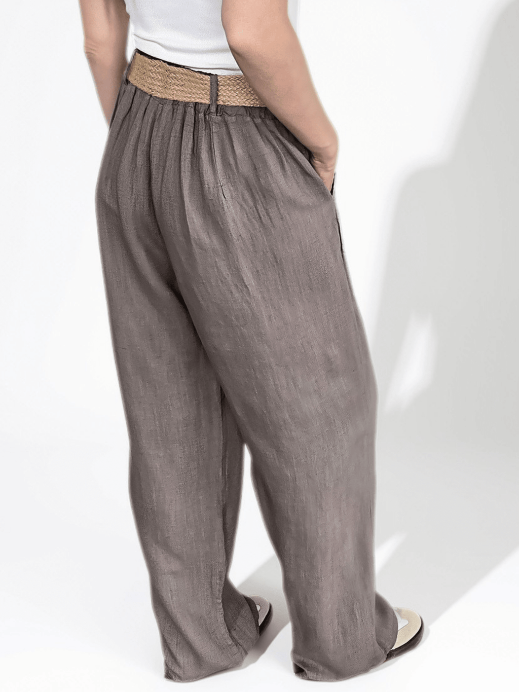 Pantalón Italiano 100%Lino con cinturón, color Taupe