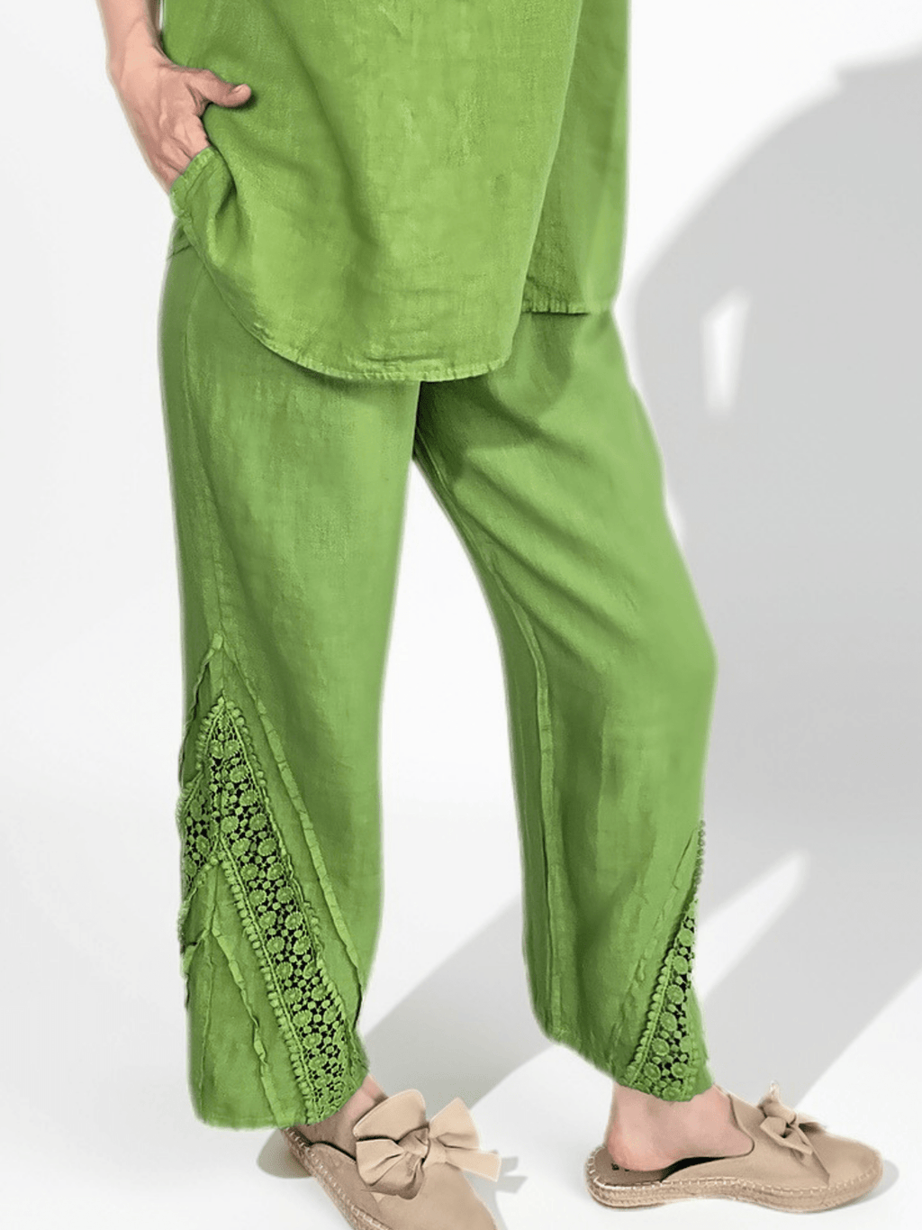 Pantalón Italiano 100% Lino, con Bordado, color Pistacho
