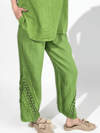 Pantalón Italiano 100% Lino, con Bordado, color Pistacho